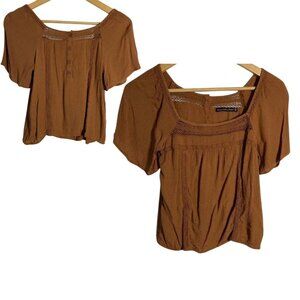 A&F x small rust brown puff sleeve relaxed button back boho flowy top blouse